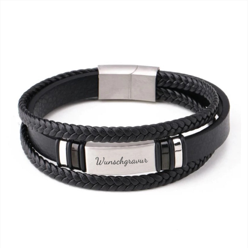 Bracciale in pelle nera "Leather & Plate" con incisione